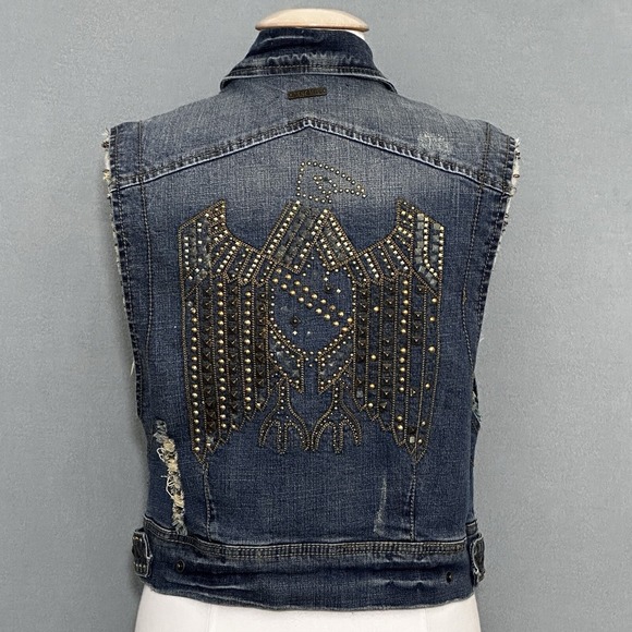 Vintage Gold Mine Women Jacket L Denim Vest Eagle Embroidered Stud Western Biker - Picture 1 of 16